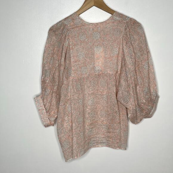 Marea Puff Sleeve Steph Top Small Blush Pink Floral V Neck Boho Tasseled Cotton - Picture 9 of 11